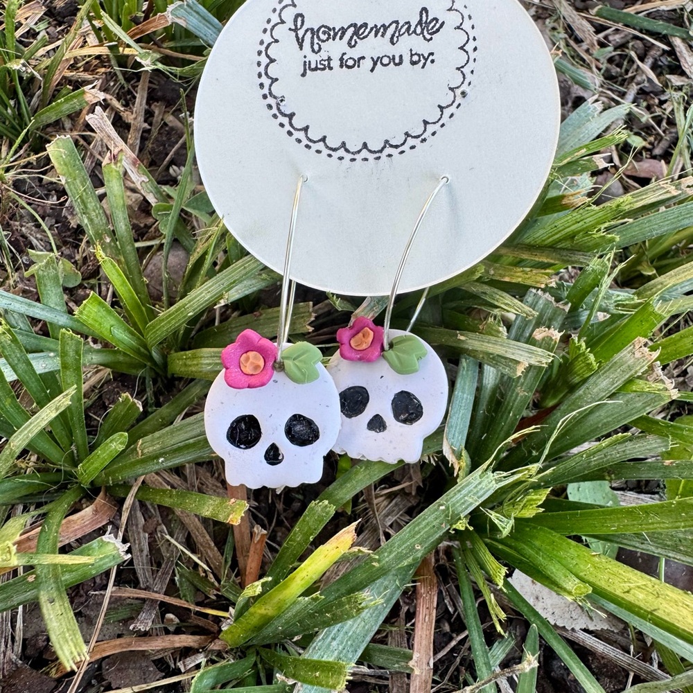 Handmade Skull Earrings with Pink Flowers. Silver hoop.